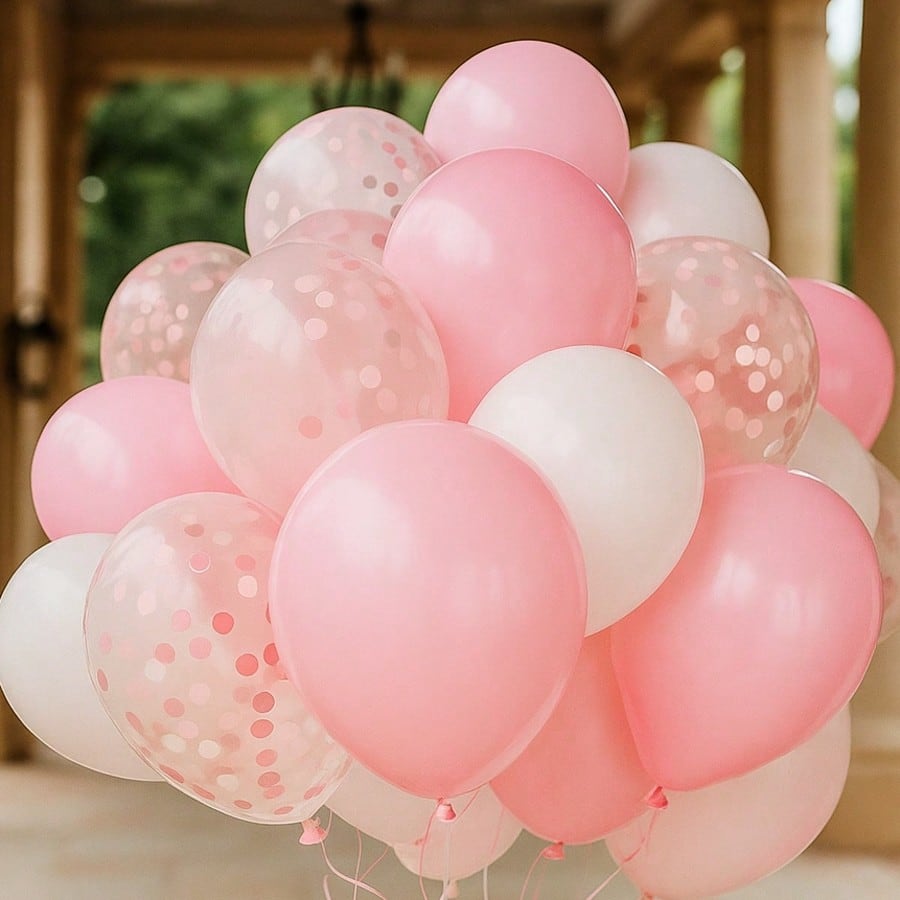 Dandy Decor 60PCS Pink White Confetti Balloons with Ribbon Light Pink Latex Bulk