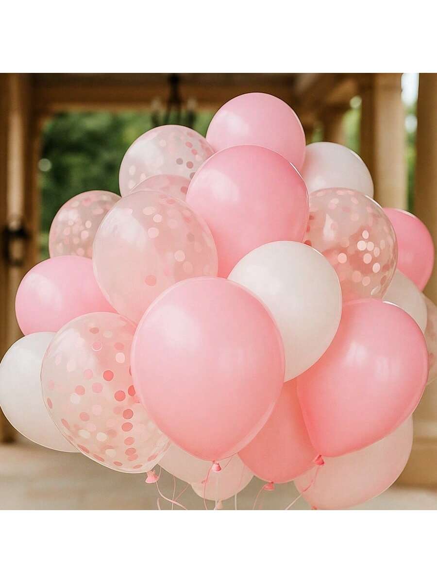 Dandy Decor 60PCS Pink White Confetti Balloons with Ribbon Light Pink Latex Bulk