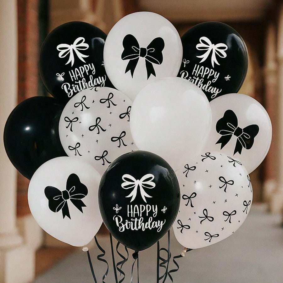 30PCS Black Bow Balloons for Birthday Black White Coquette Party Decor