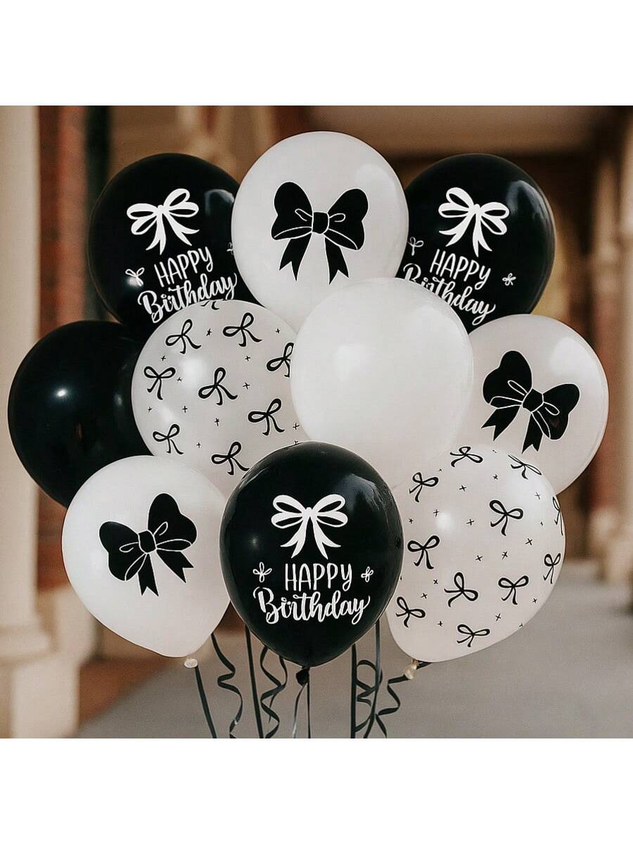 30PCS Black Bow Balloons for Birthday Black White Coquette Party Decor