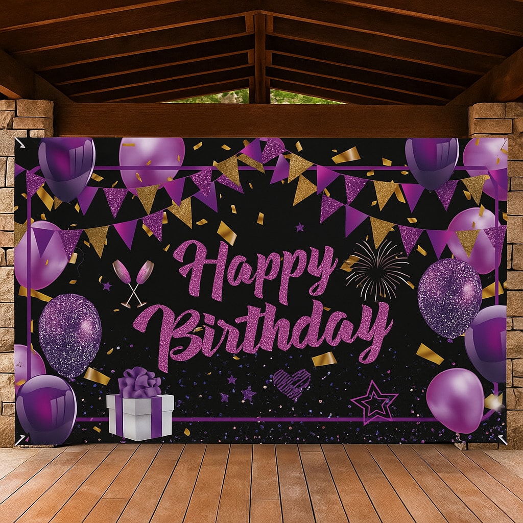 Purple Happy Birthday Banner Large 71x44-Inch for Party Photo Booth and Backdrop