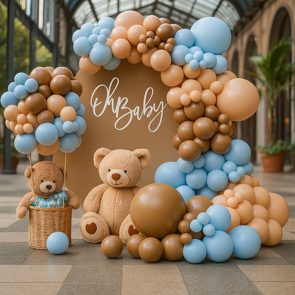 Teddy Bear Balloon Arch Kit Light Blue Beige Brown Cream for Gender Reveal