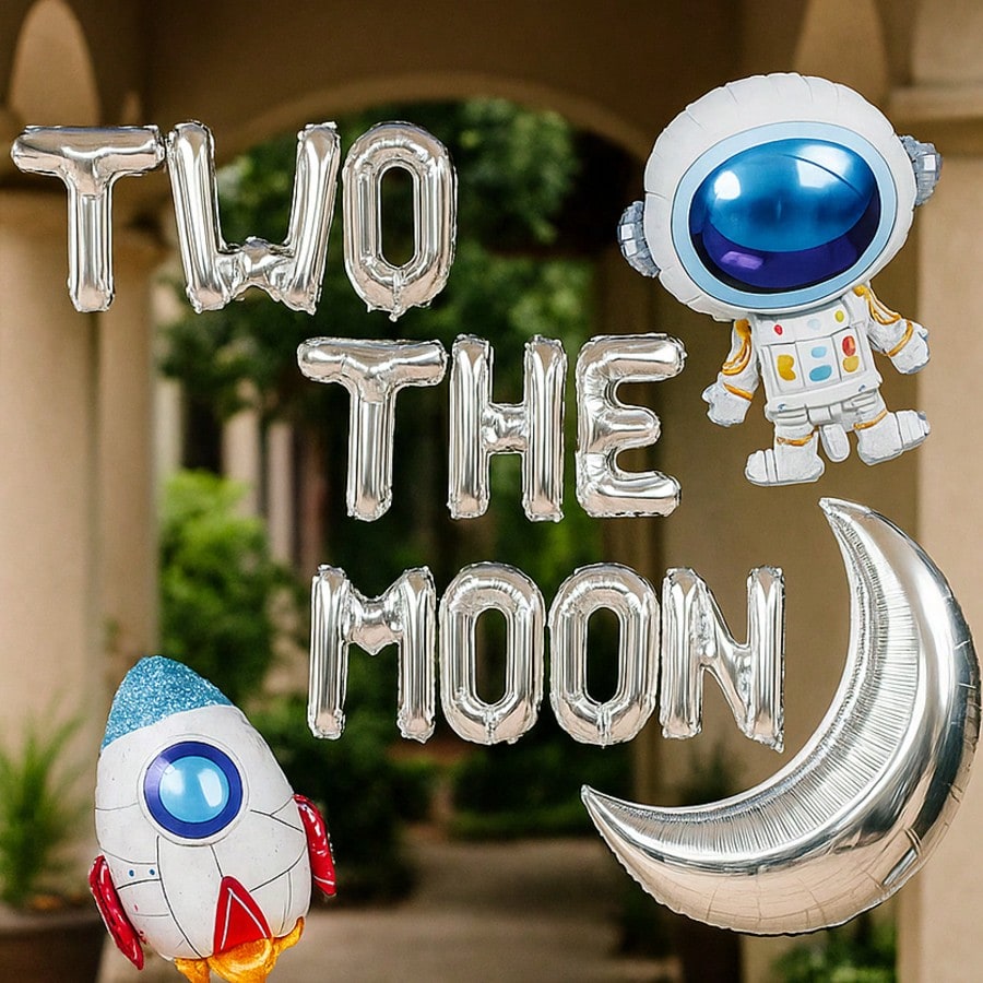 Two The Moon 16 Inch Silver Foil Balloons Moon Robot UFO 2nd Birthday Decor