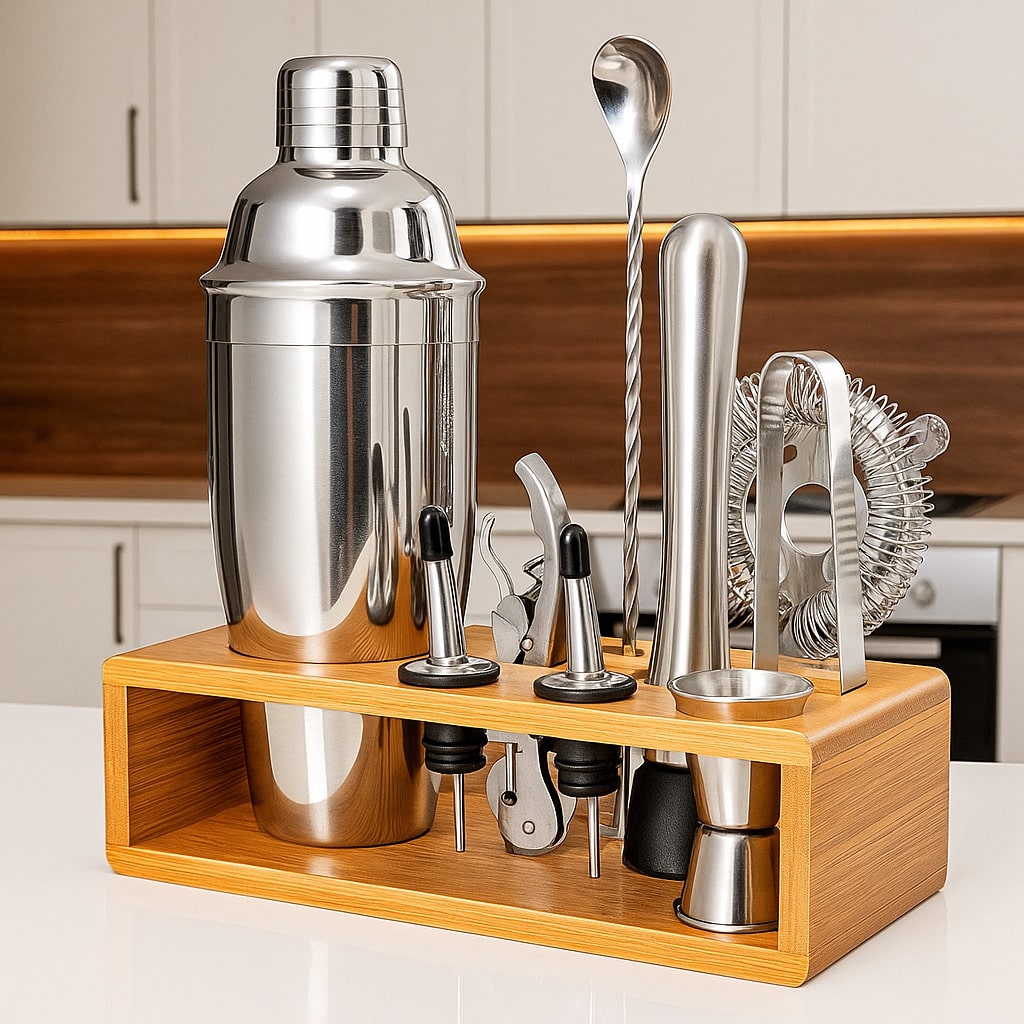 10-Piece Cocktail Shaker Set with Bamboo Stand and Barware Tools