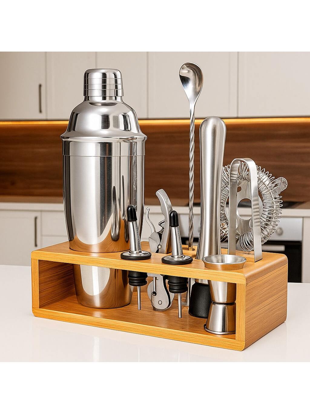 10-Piece Cocktail Shaker Set with Bamboo Stand and Barware Tools