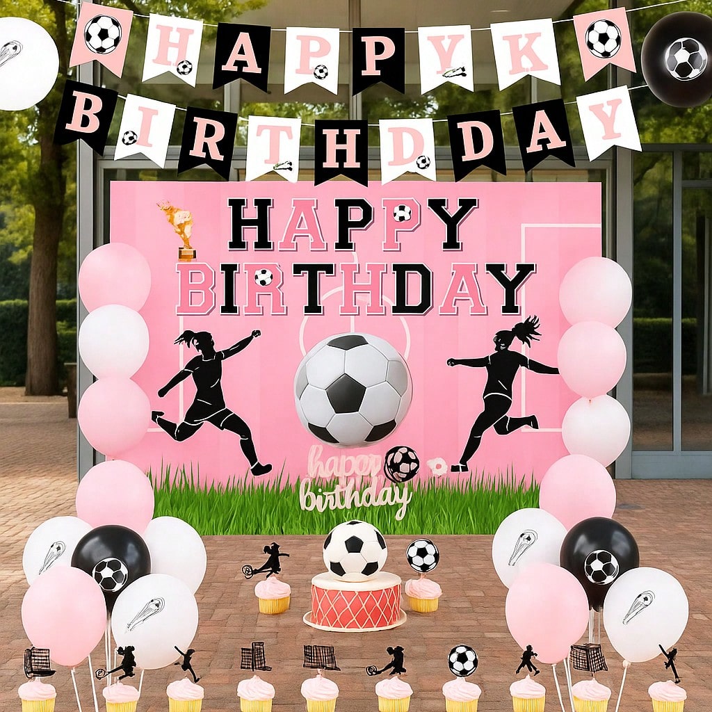 Pink Soccer Birthday Party Decor Set with Banner, Toppers, and Balloons