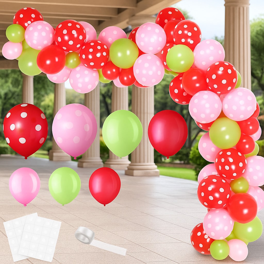 109-Pc Strawberry Party Balloon Garland Red Pink Green Latex and Foil Balloons