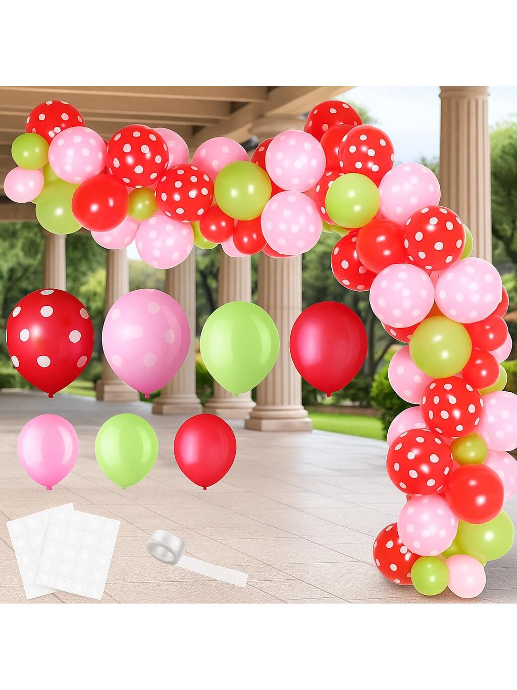 109-Pc Strawberry Party Balloon Garland Red Pink Green Latex and Foil Balloons
