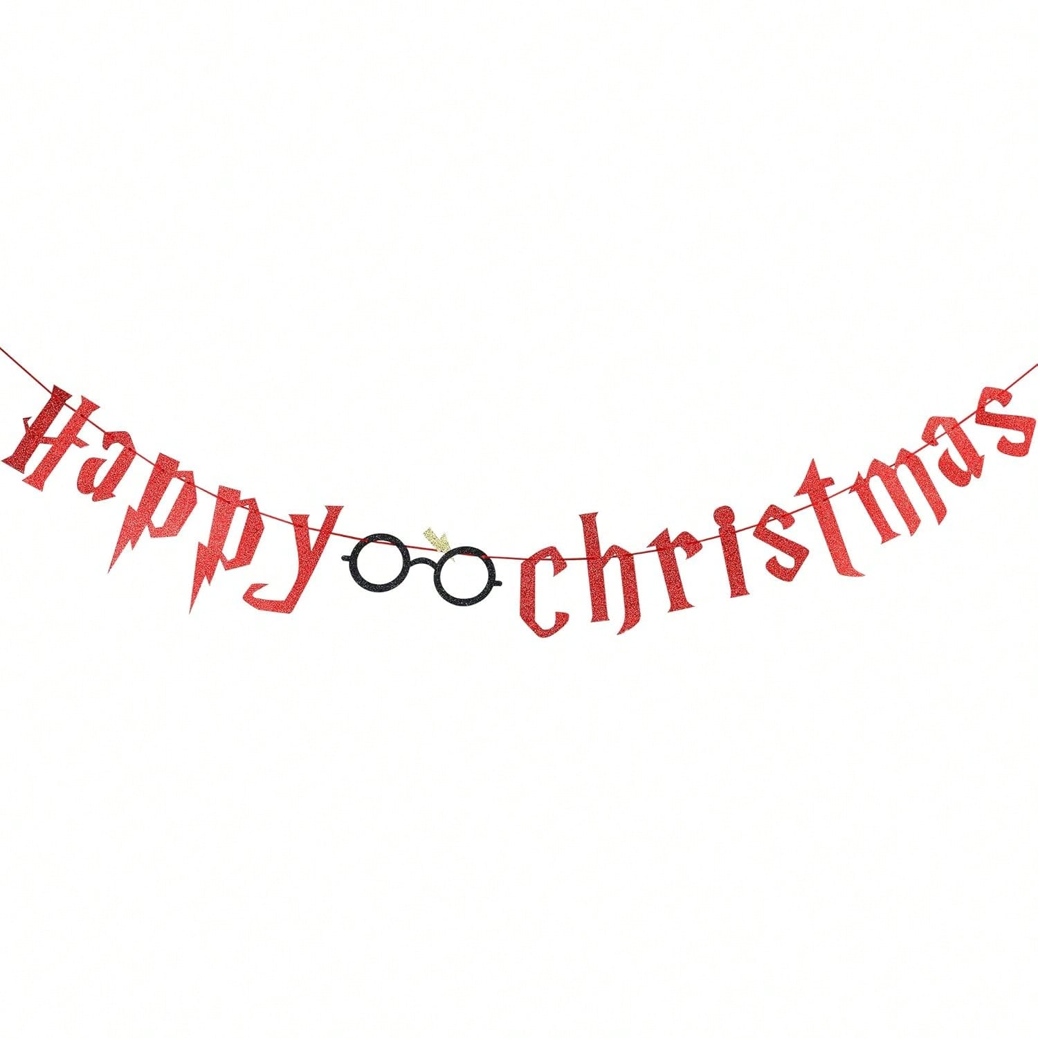 Red Glitter Happy Christmas Banner for Wizard-Themed Holiday Decor