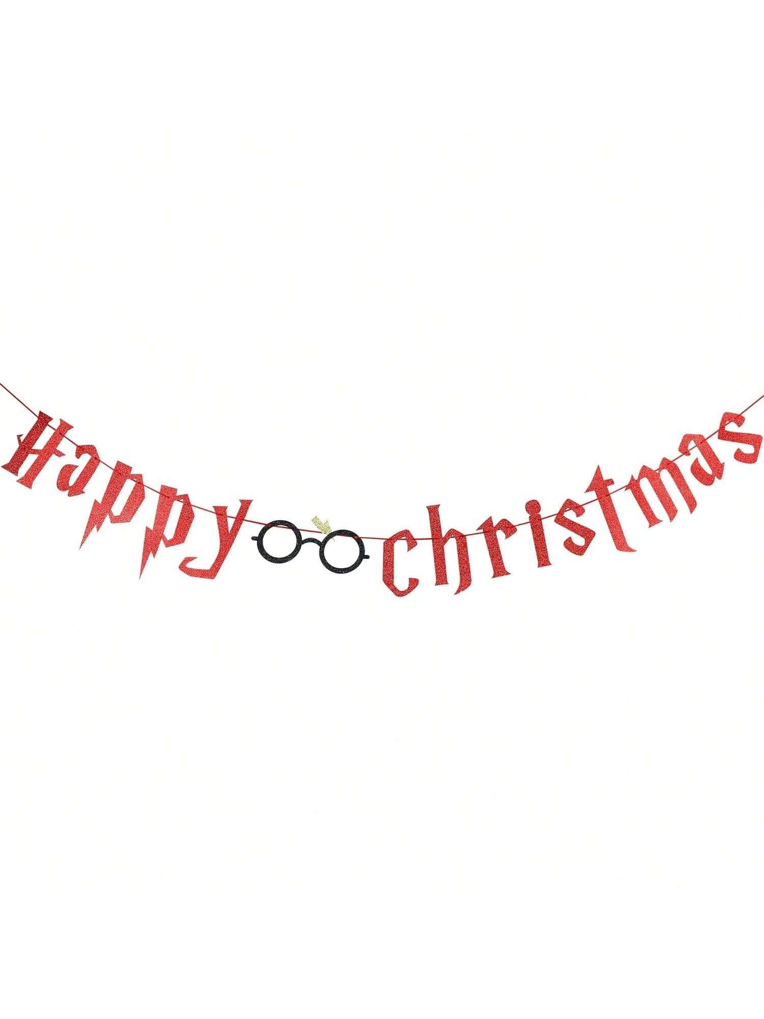 Red Glitter Happy Christmas Banner for Wizard-Themed Holiday Decor