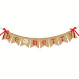 Be Merry Burlap Banner with Snowflakes for Rustic Christmas Mantel Decor