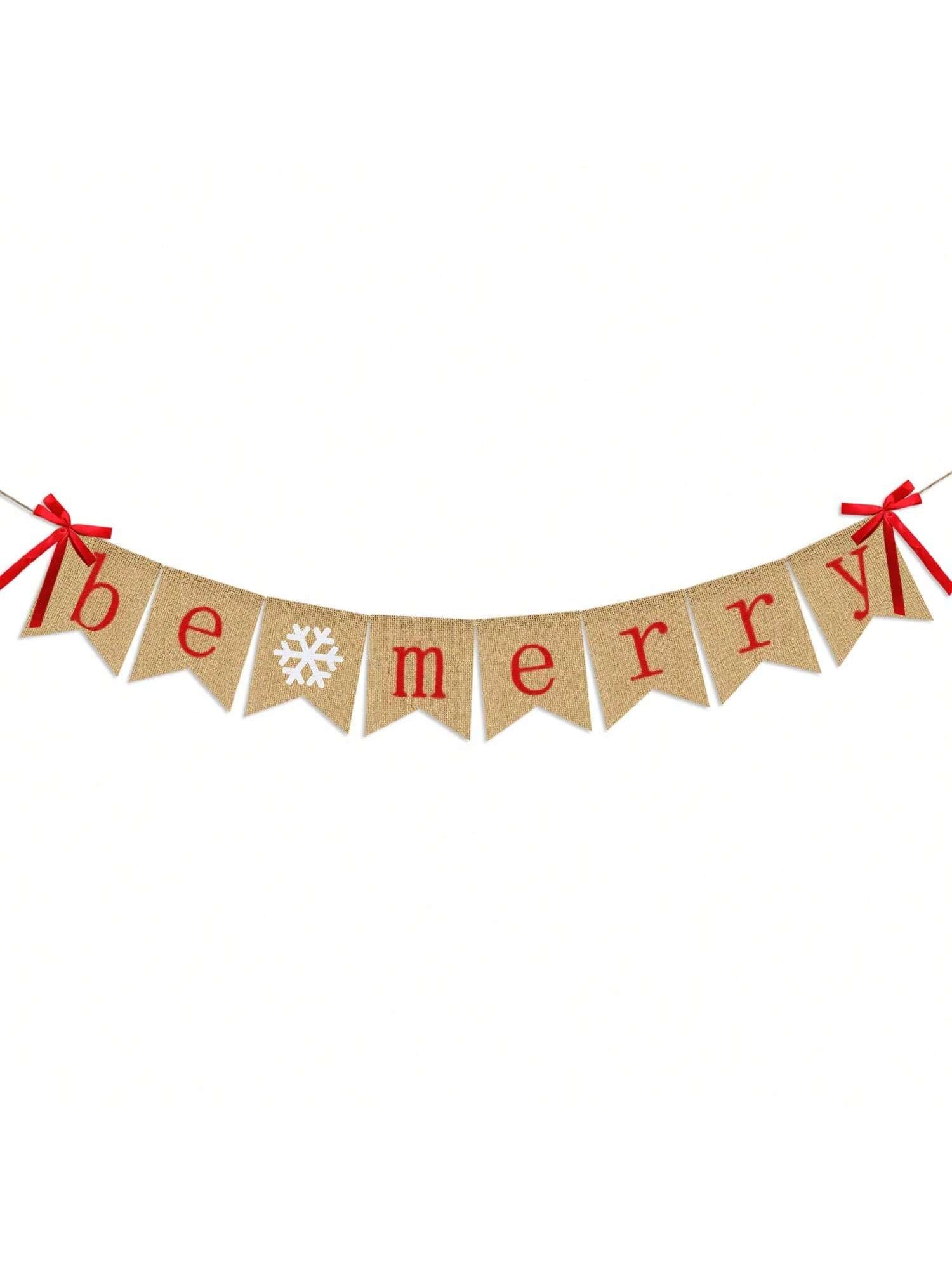 Be Merry Burlap Banner with Snowflakes for Rustic Christmas Mantel Decor