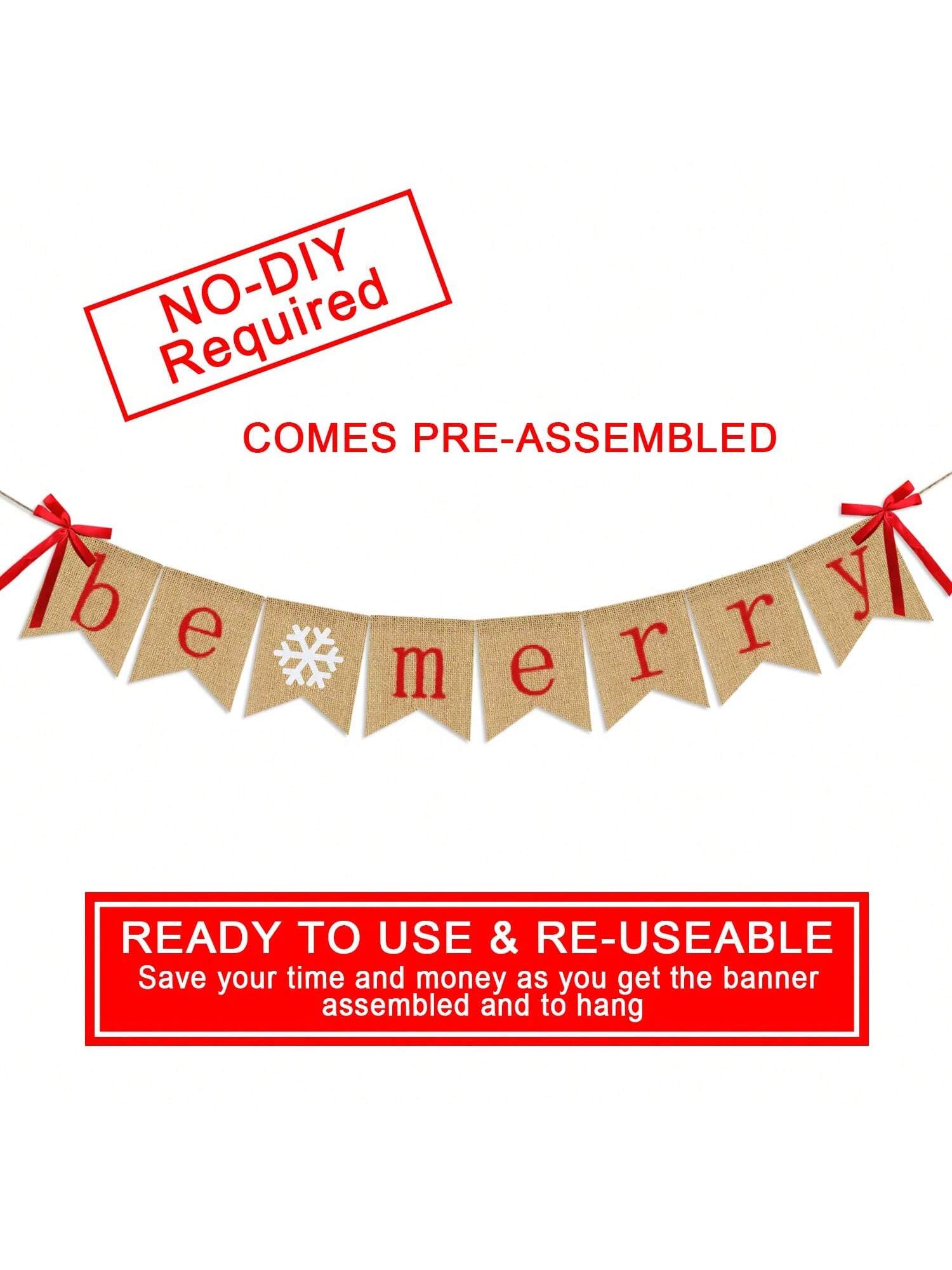 Be Merry Burlap Banner with Snowflakes for Rustic Christmas Mantel Decor