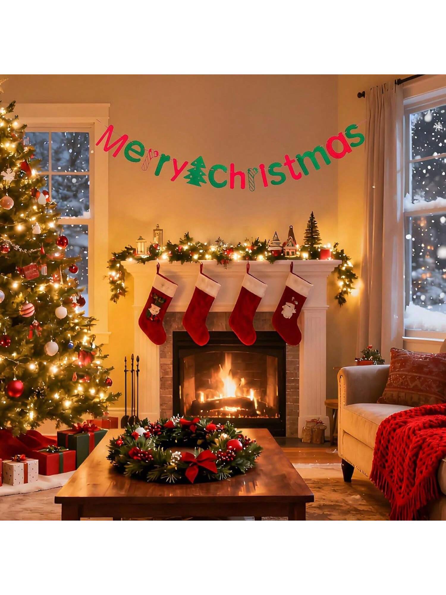 Merry Christmas Banner with Letters and Tree for Mantel Fireplace or Wall Decor