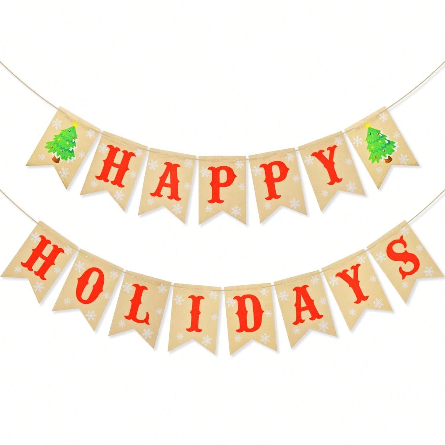 Rustic Happy Holidays Burlap Banner Pre-Strung with Red Letters and Tree Accents