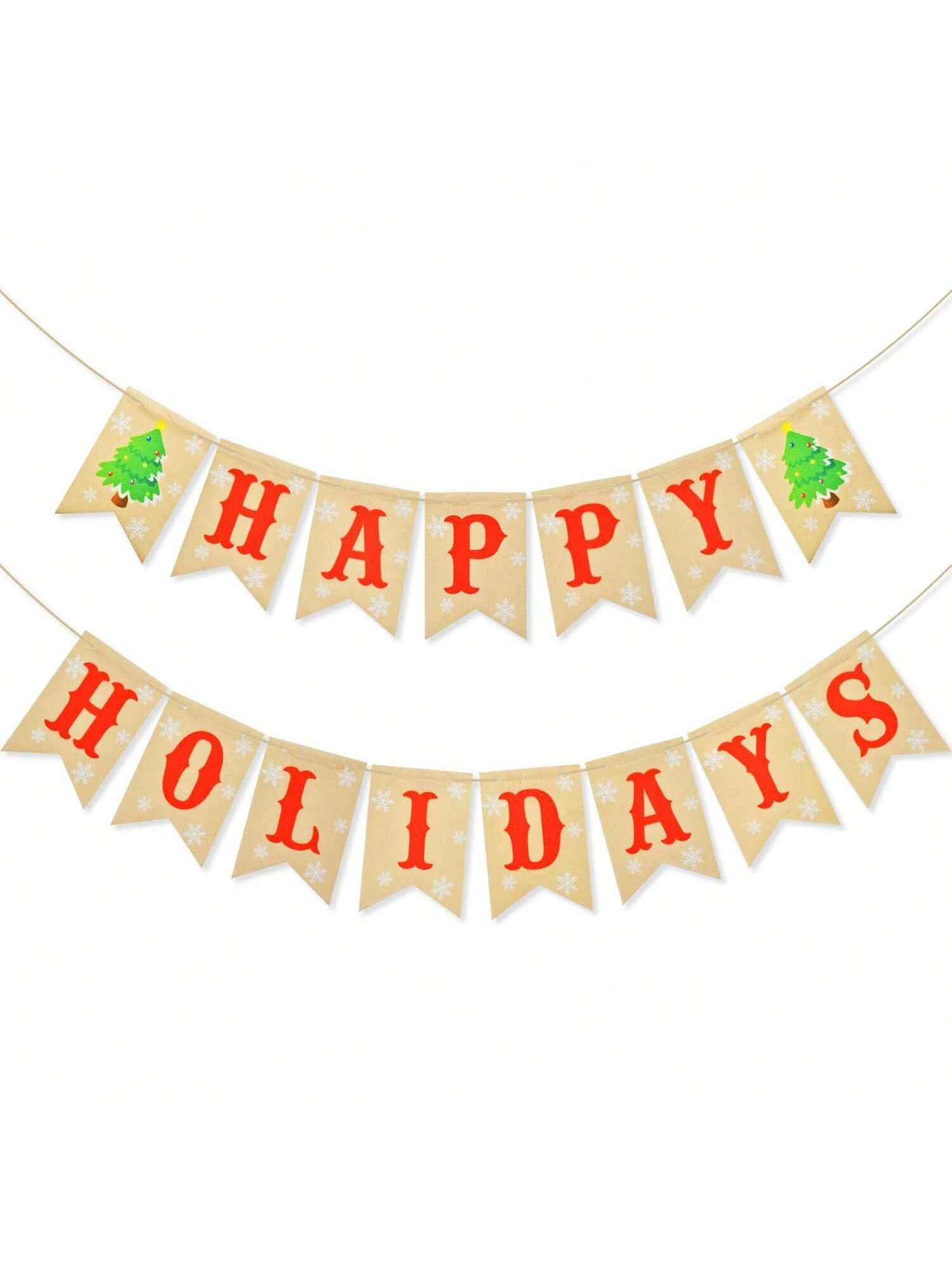 Rustic Happy Holidays Burlap Banner Pre-Strung with Red Letters and Tree Accents