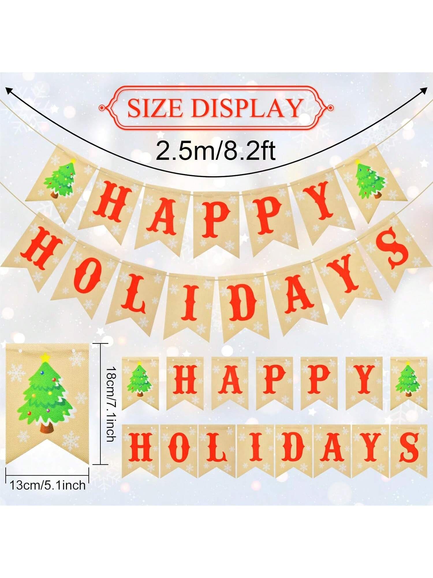 Rustic Happy Holidays Burlap Banner Pre-Strung with Red Letters and Tree Accents