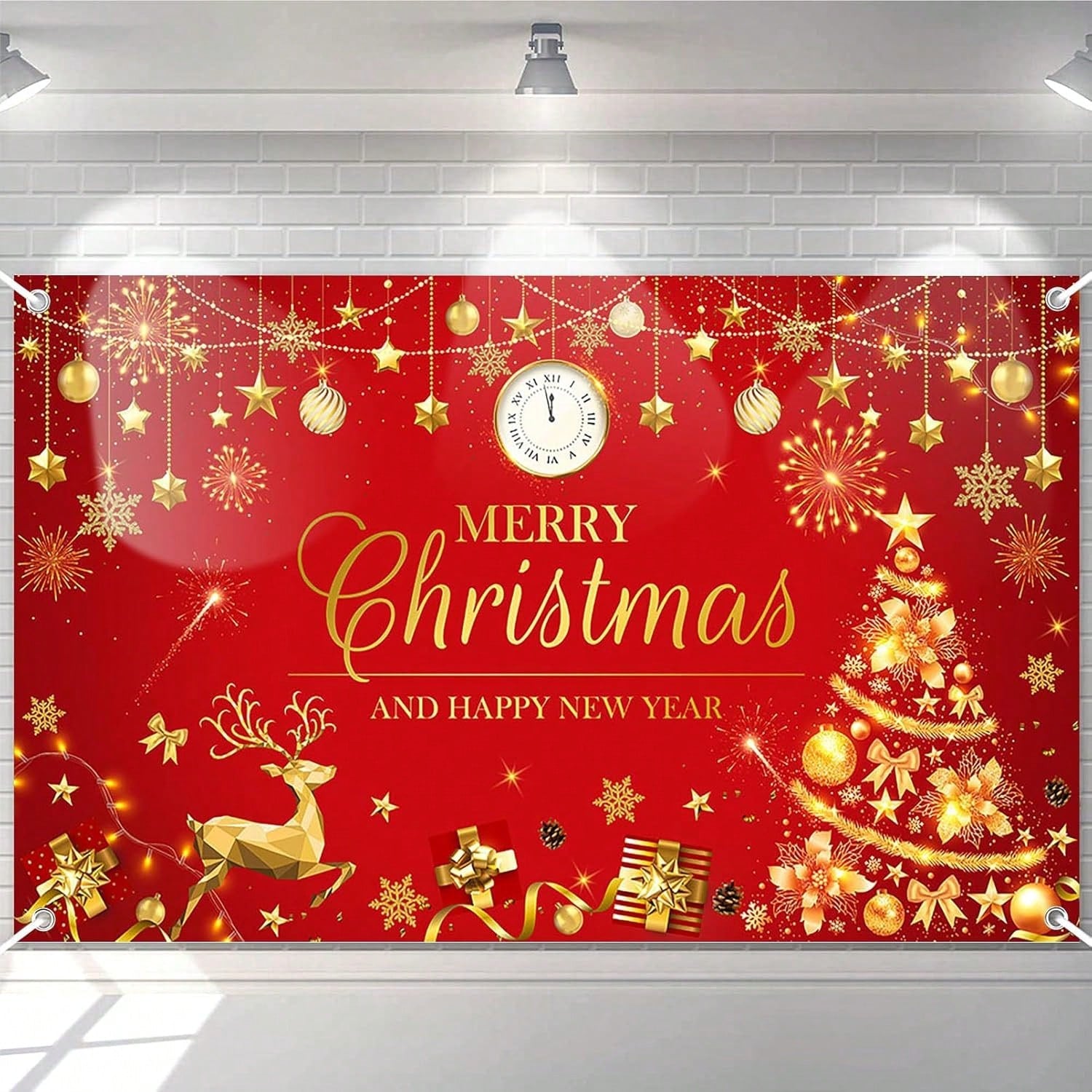 Merry Christmas and Happy New Year Banner Red and Gold Holiday Party Backdrop