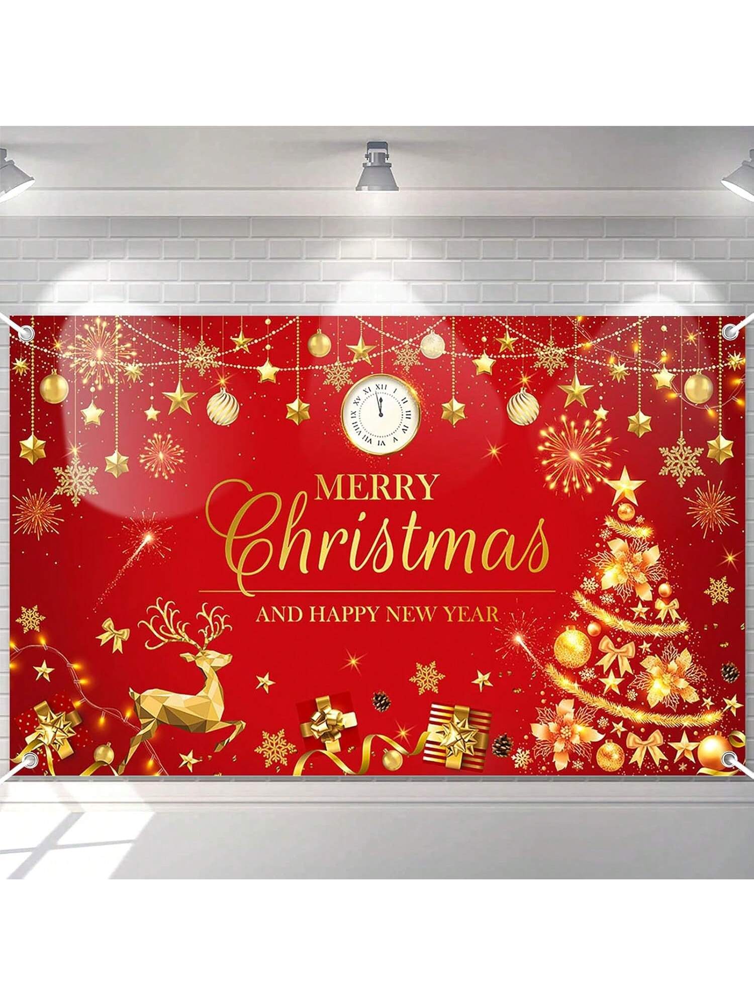 Merry Christmas and Happy New Year Banner Red and Gold Holiday Party Backdrop