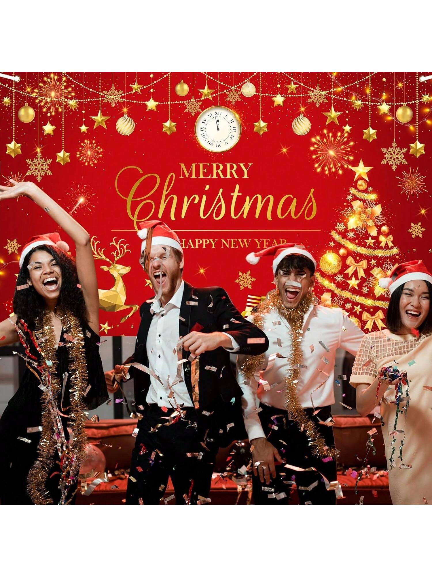Merry Christmas and Happy New Year Banner Red and Gold Holiday Party Backdrop