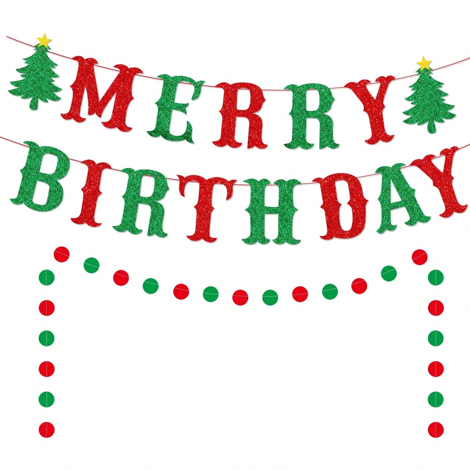 Merry Birthday Banner Glittery Sign for Christmas Birthday and Holiday Celebrations