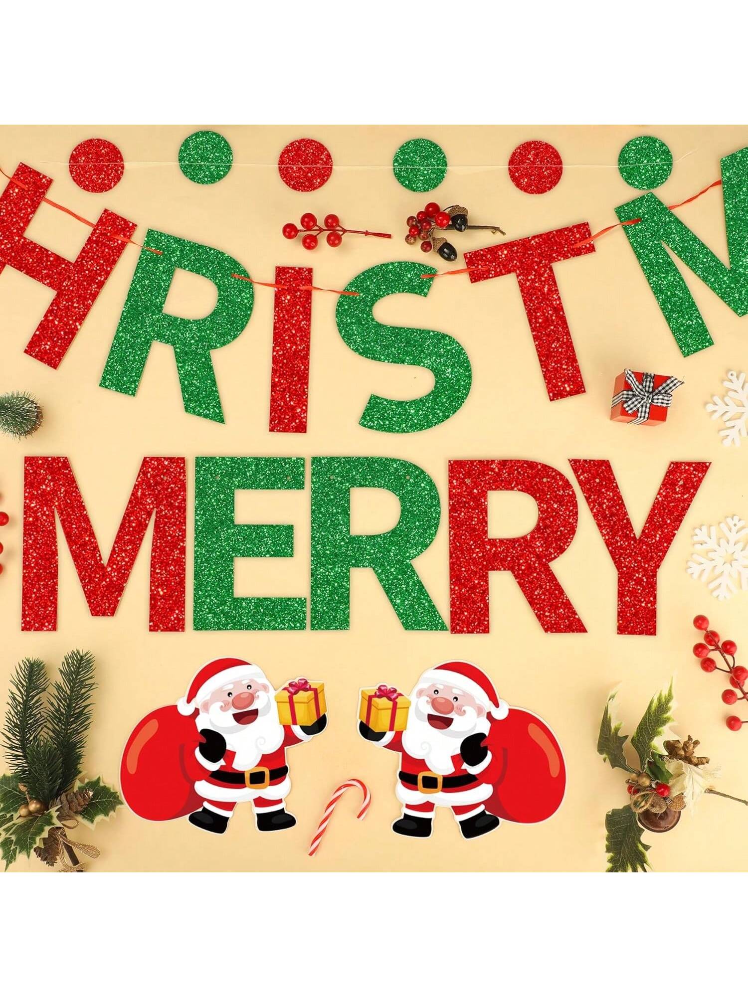3-Pack Merry Christmas Glitter Banner with Santa and Dot Garland for Decor