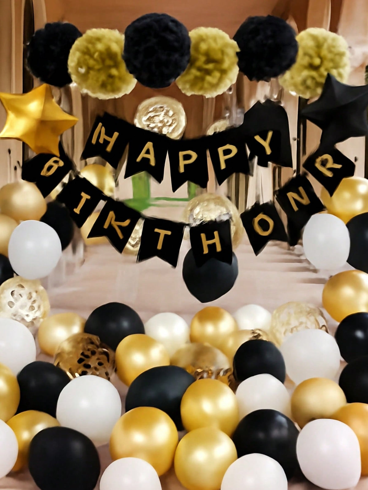 Black Gold Birthday Decorations Foil Confetti Balloons Banner Pom Poms & Curtains