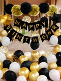Black Gold Birthday Decorations Foil Confetti Balloons Banner Pom Poms & Curtains