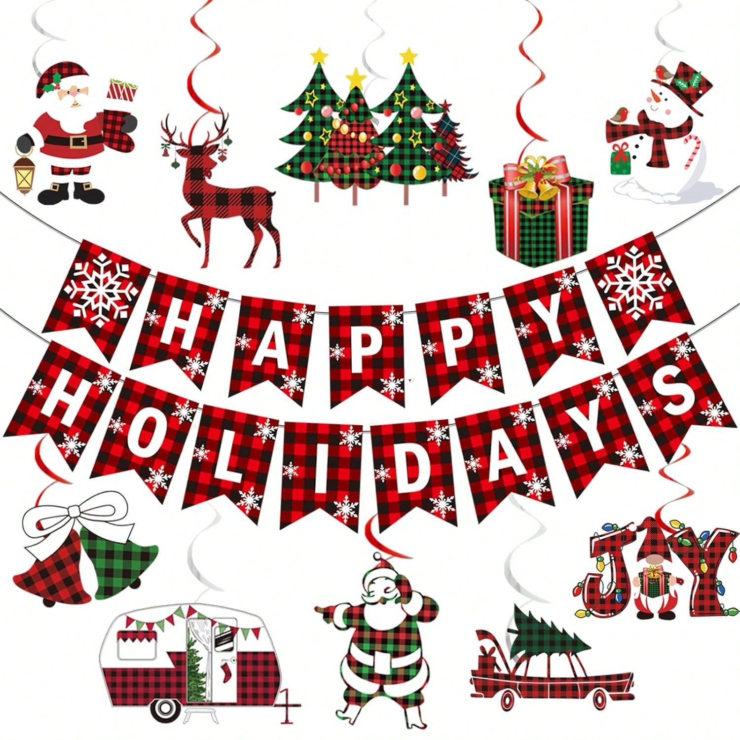 Buffalo Plaid Christmas Banner With Xmas Hanging Decorations For Festive Holiday Cheer