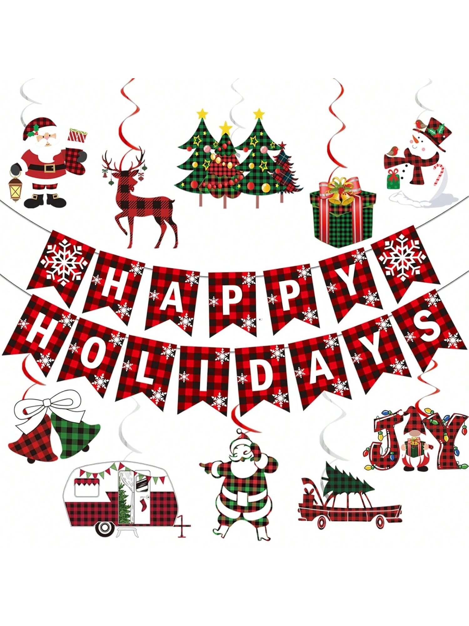 Buffalo Plaid Christmas Banner With Xmas Hanging Decorations For Festive Holiday Cheer