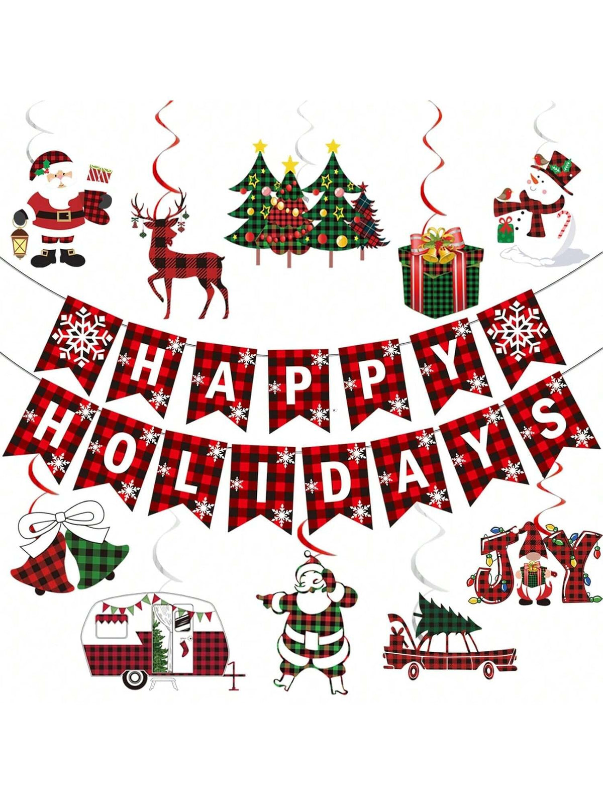 Buffalo Plaid Christmas Banner With Xmas Hanging Decorations For Festive Holiday Cheer