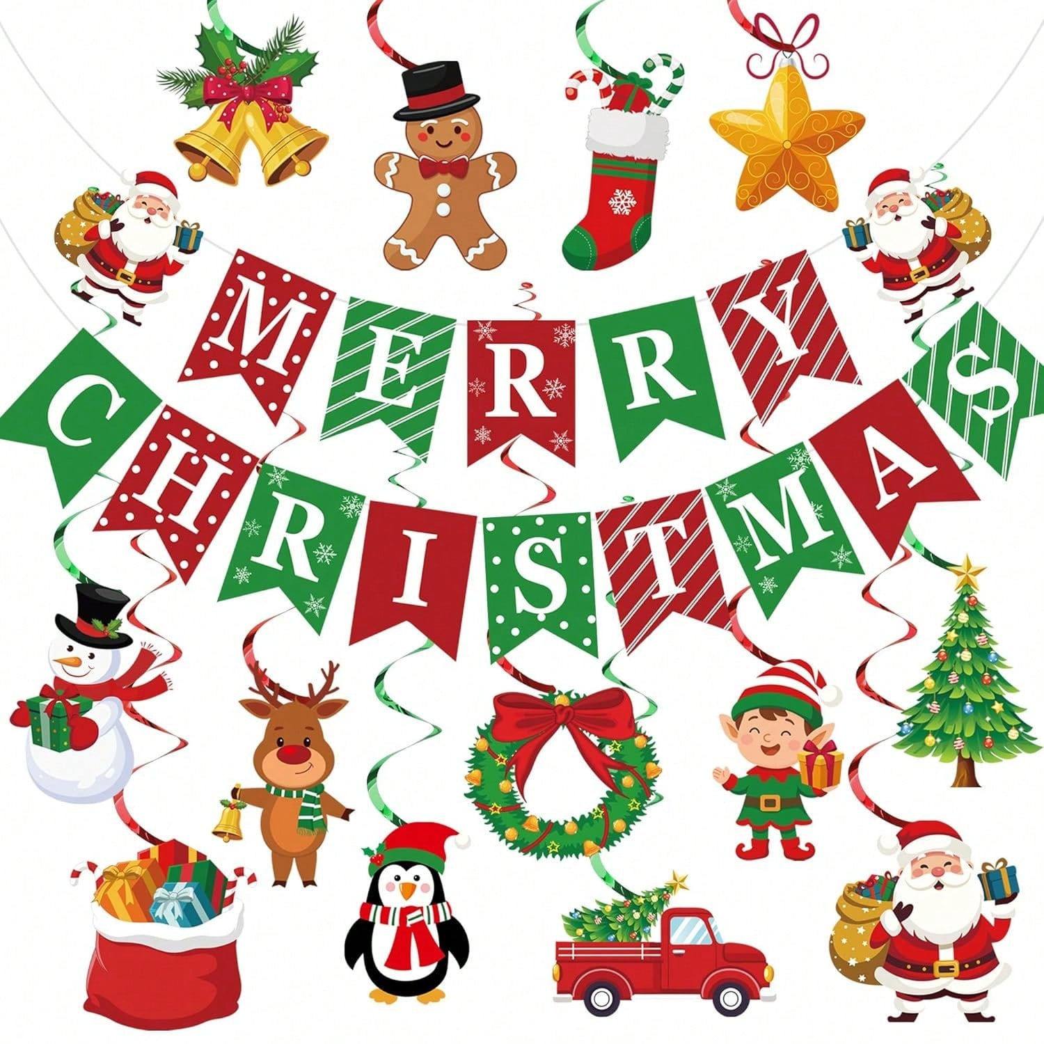 Merry Christmas Banner with Hanging Swirls, Santa & Snowman Decor