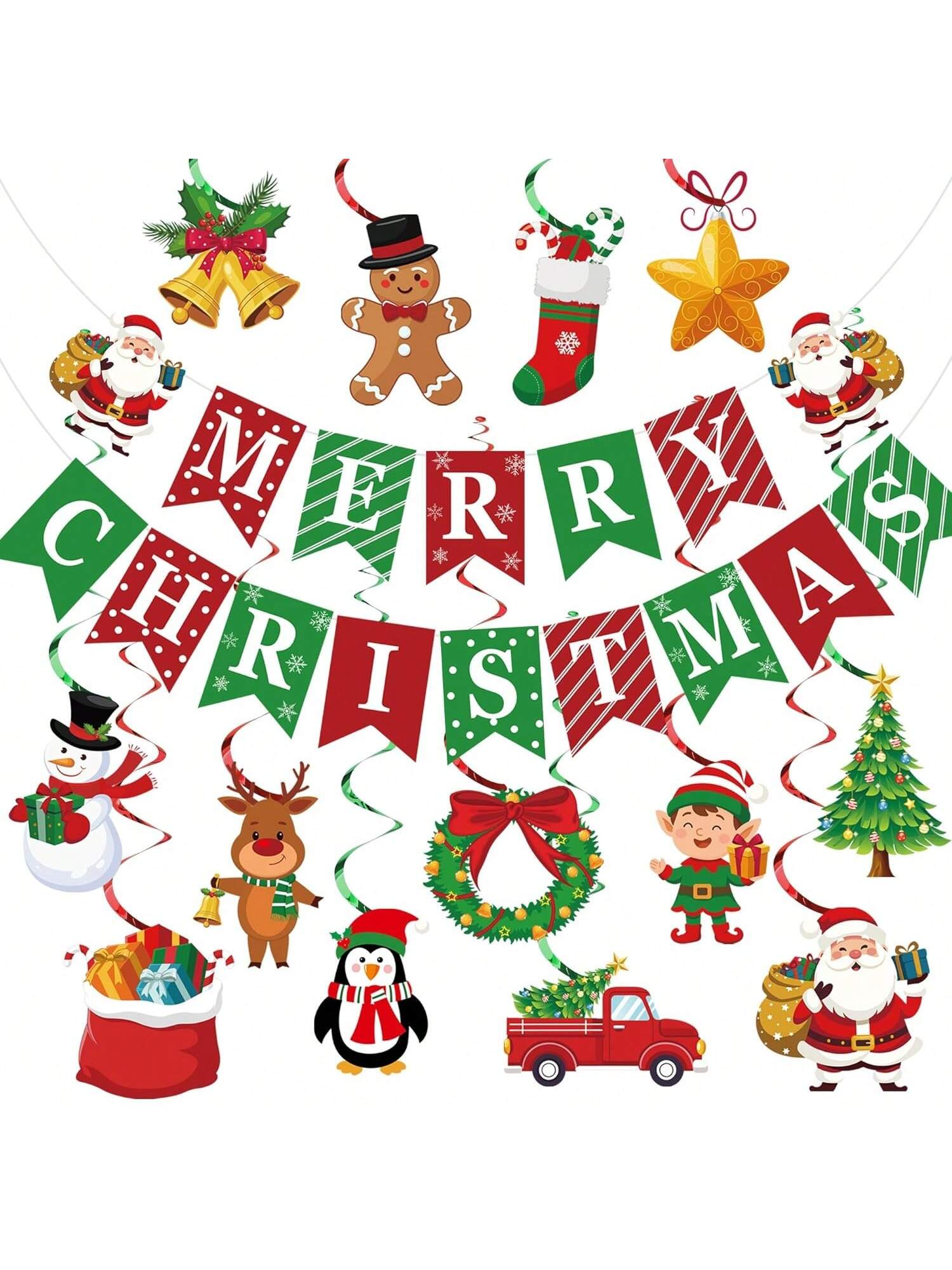 Merry Christmas Banner with Hanging Swirls, Santa & Snowman Decor