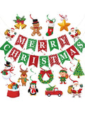 Merry Christmas Banner with Hanging Swirls, Santa & Snowman Decor