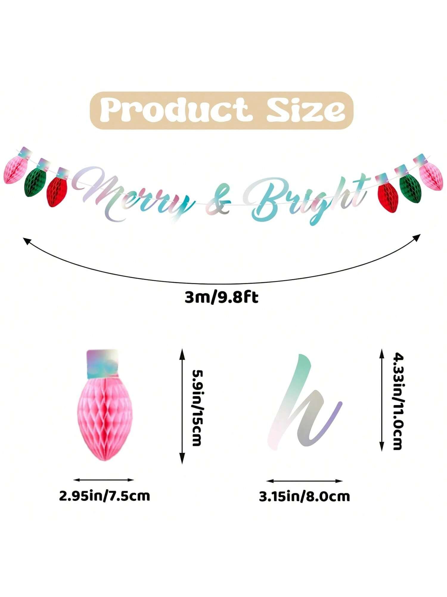 Merry and Bright Christmas Banner with Honeycomb Ball Bunting for Fireplace Decor