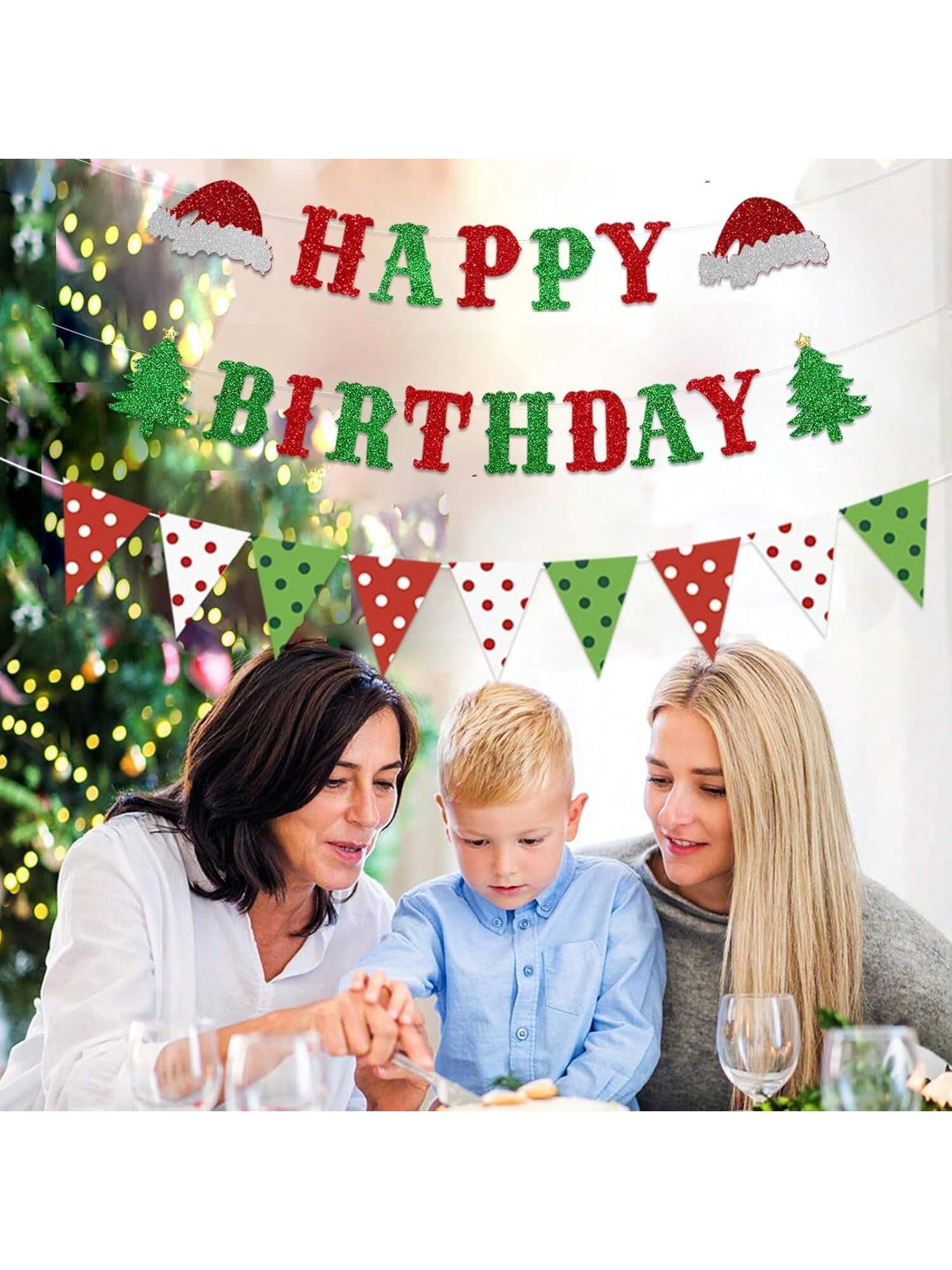 Glitter Christmas and Birthday Banner with Xmas Tree for Holiday Party Decor