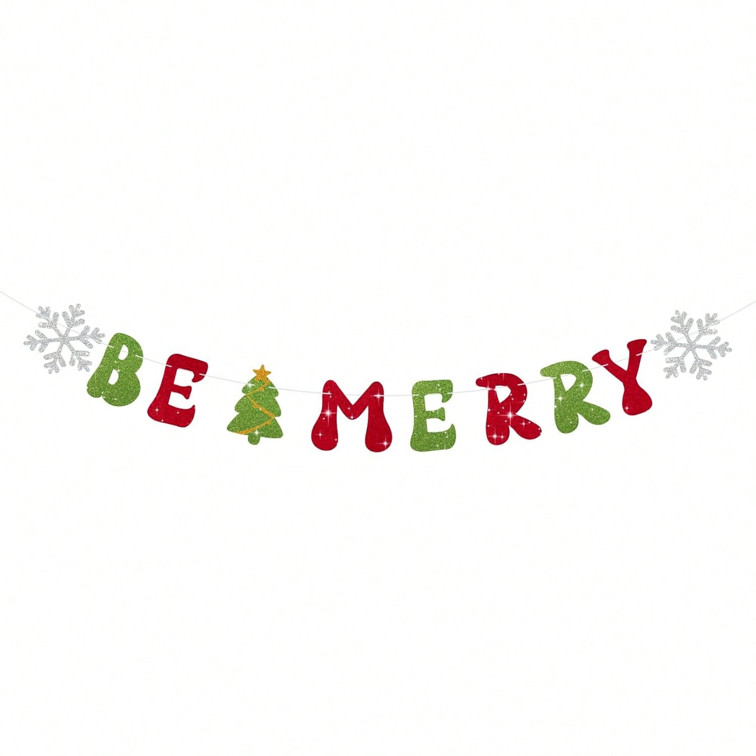 Be Merry Christmas Banner with Red Green Glitter Snowflake Tree for Holiday Decor