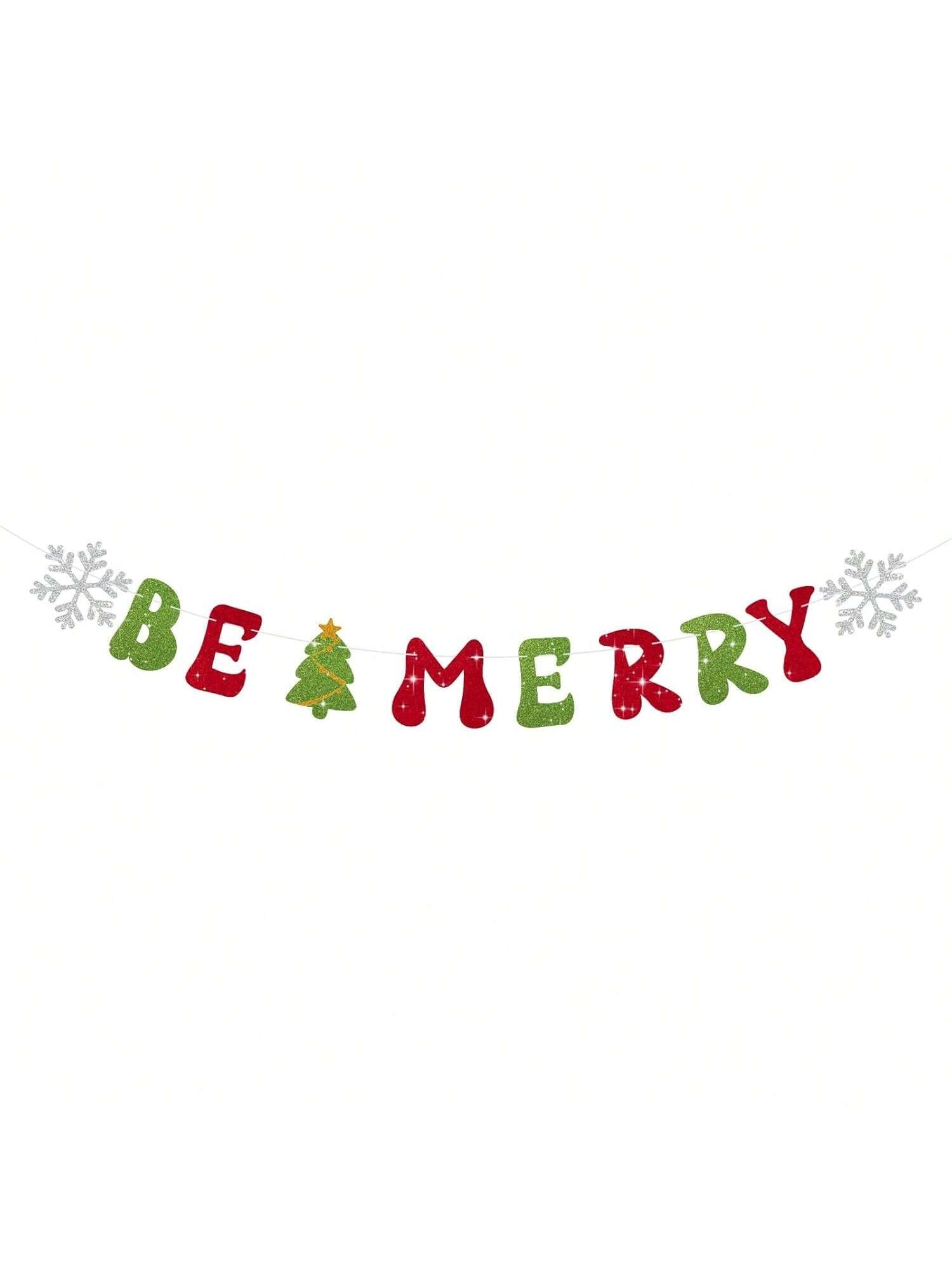 Be Merry Christmas Banner with Red Green Glitter Snowflake Tree for Holiday Decor