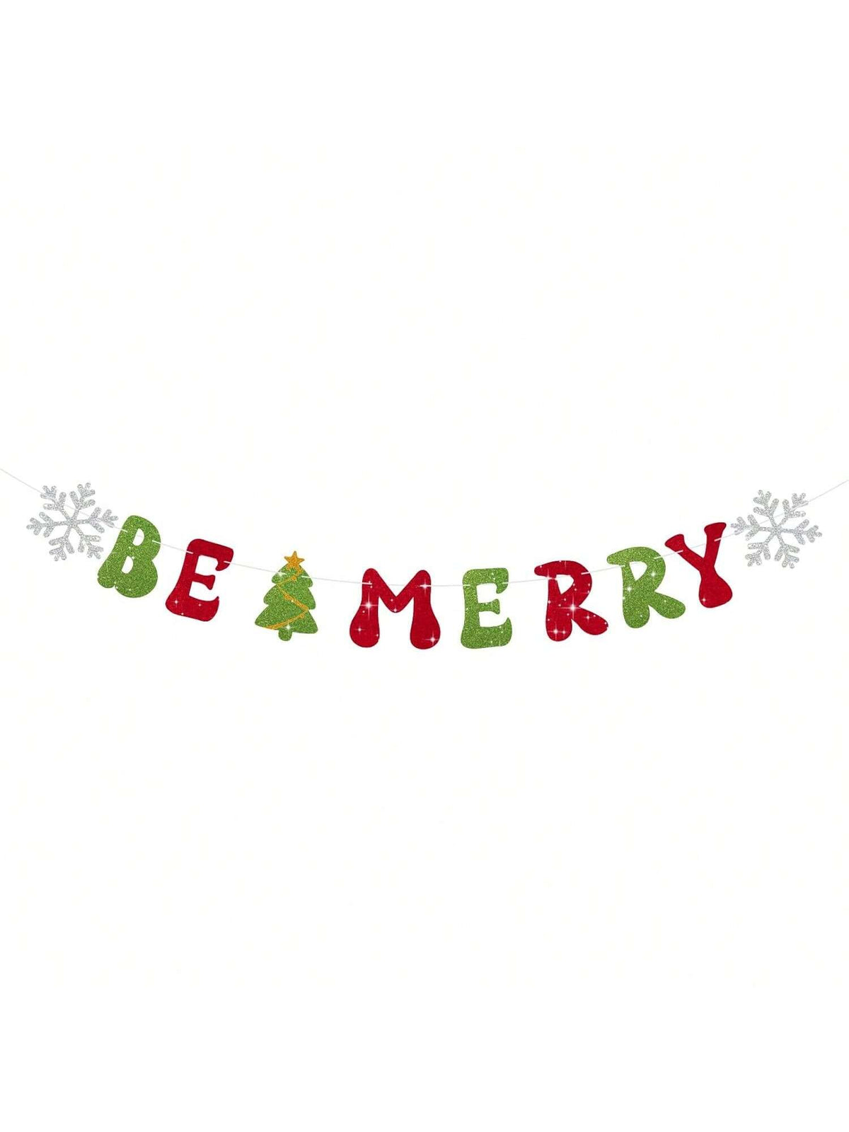 Be Merry Christmas Banner with Red Green Glitter Snowflake Tree for Holiday Decor