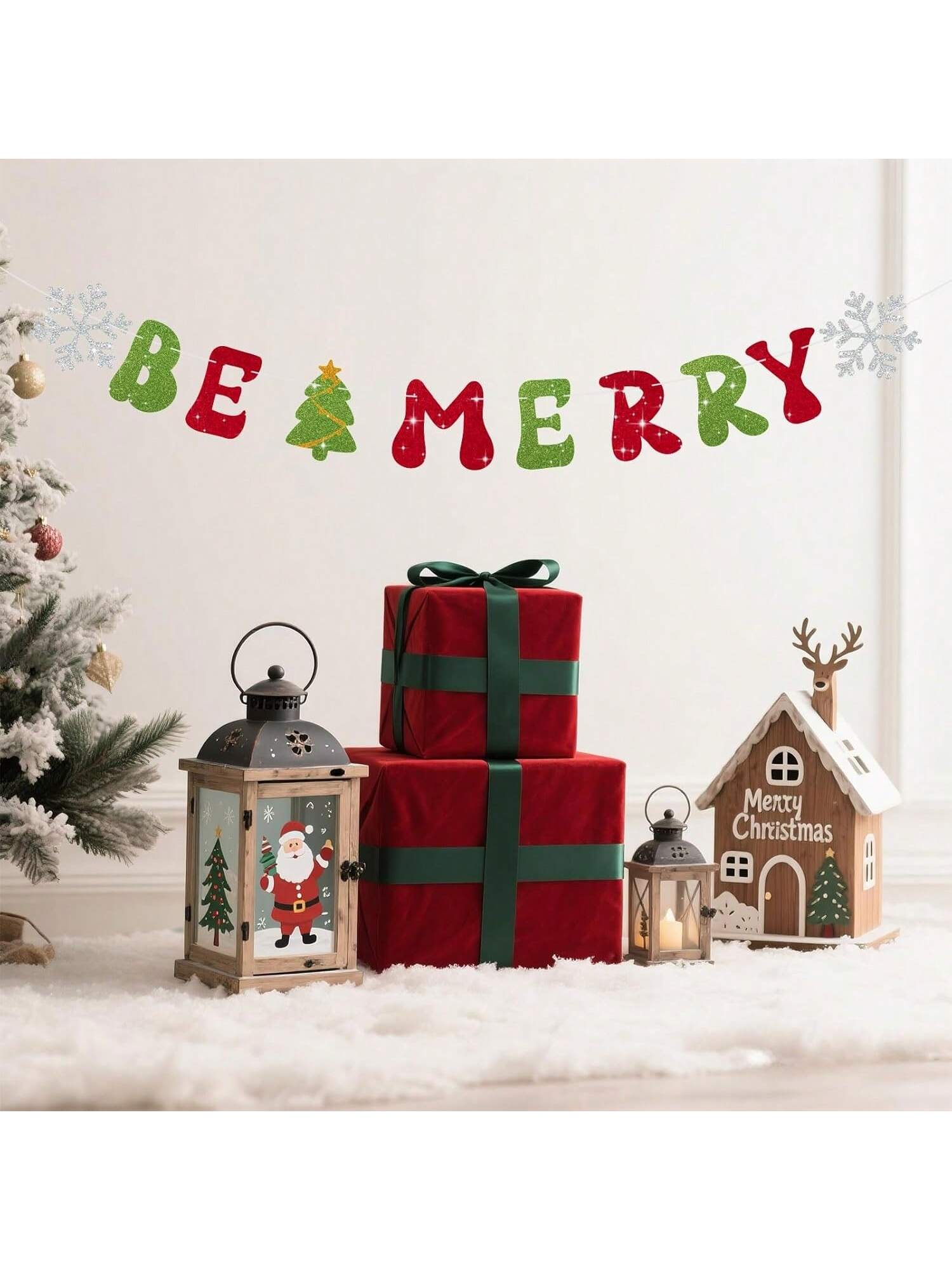 Be Merry Christmas Banner with Red Green Glitter Snowflake Tree for Holiday Decor