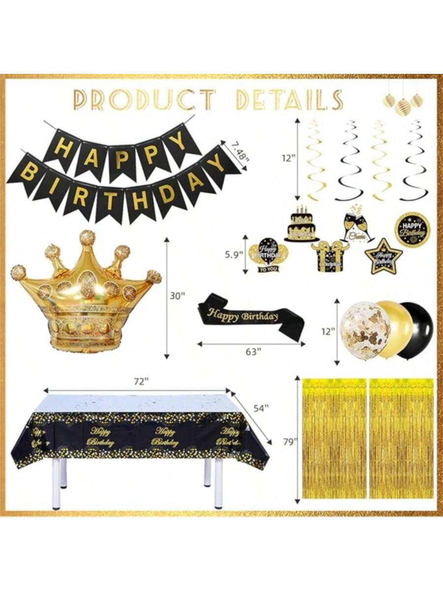 Black and Gold Birthday Decorations for Men Women Crowns Swirls Banner Decor