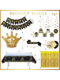 Black and Gold Birthday Decorations for Men Women Crowns Swirls Banner Decor