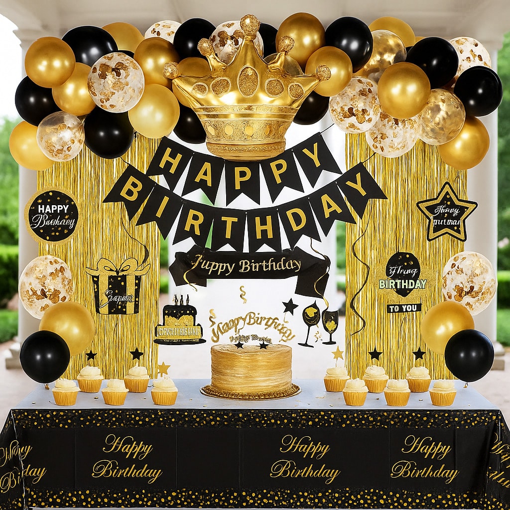 Black and Gold Birthday Decorations for Men Women Crowns Swirls Banner Decor