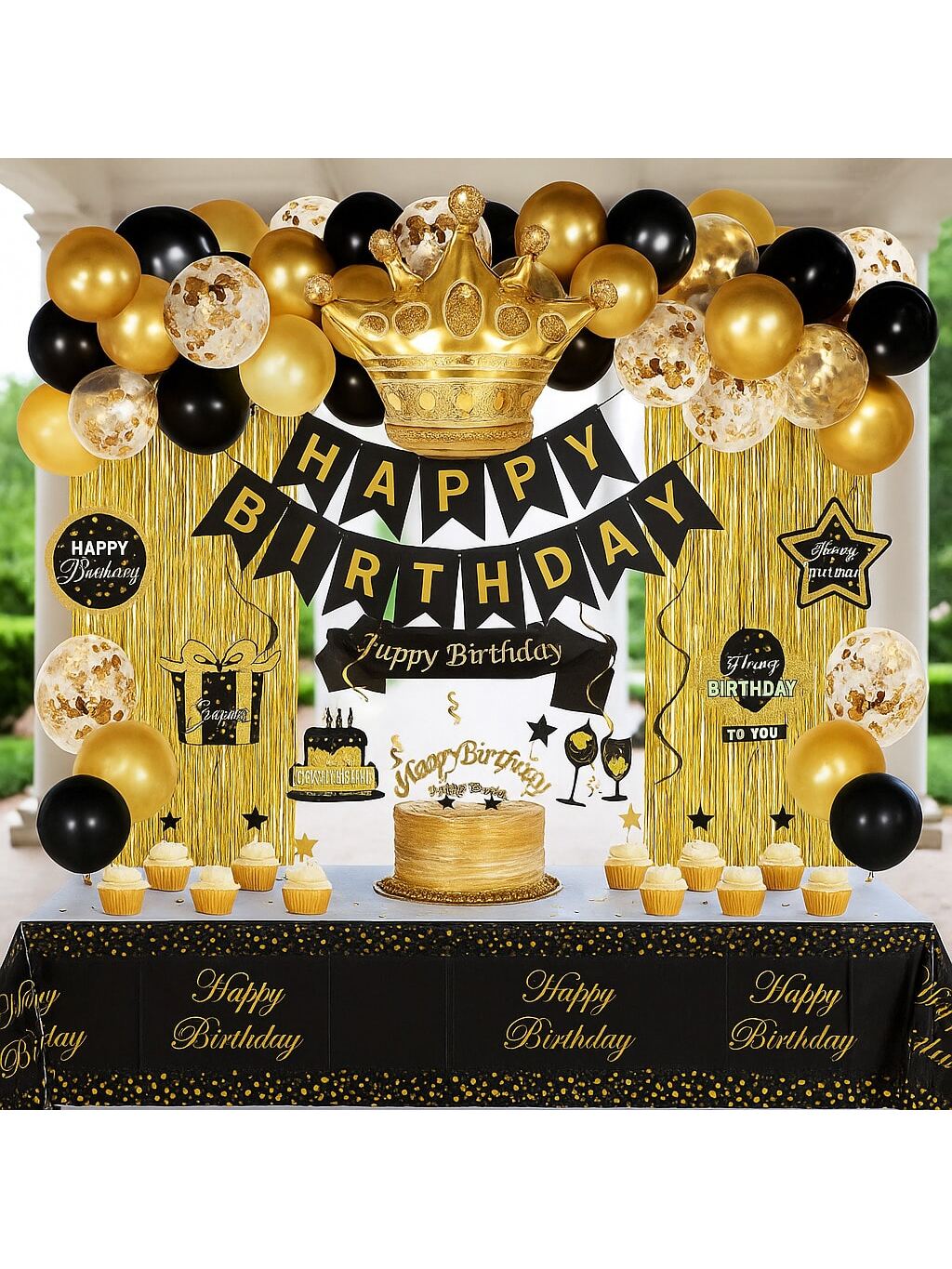 Black and Gold Birthday Decorations for Men Women Crowns Swirls Banner Decor