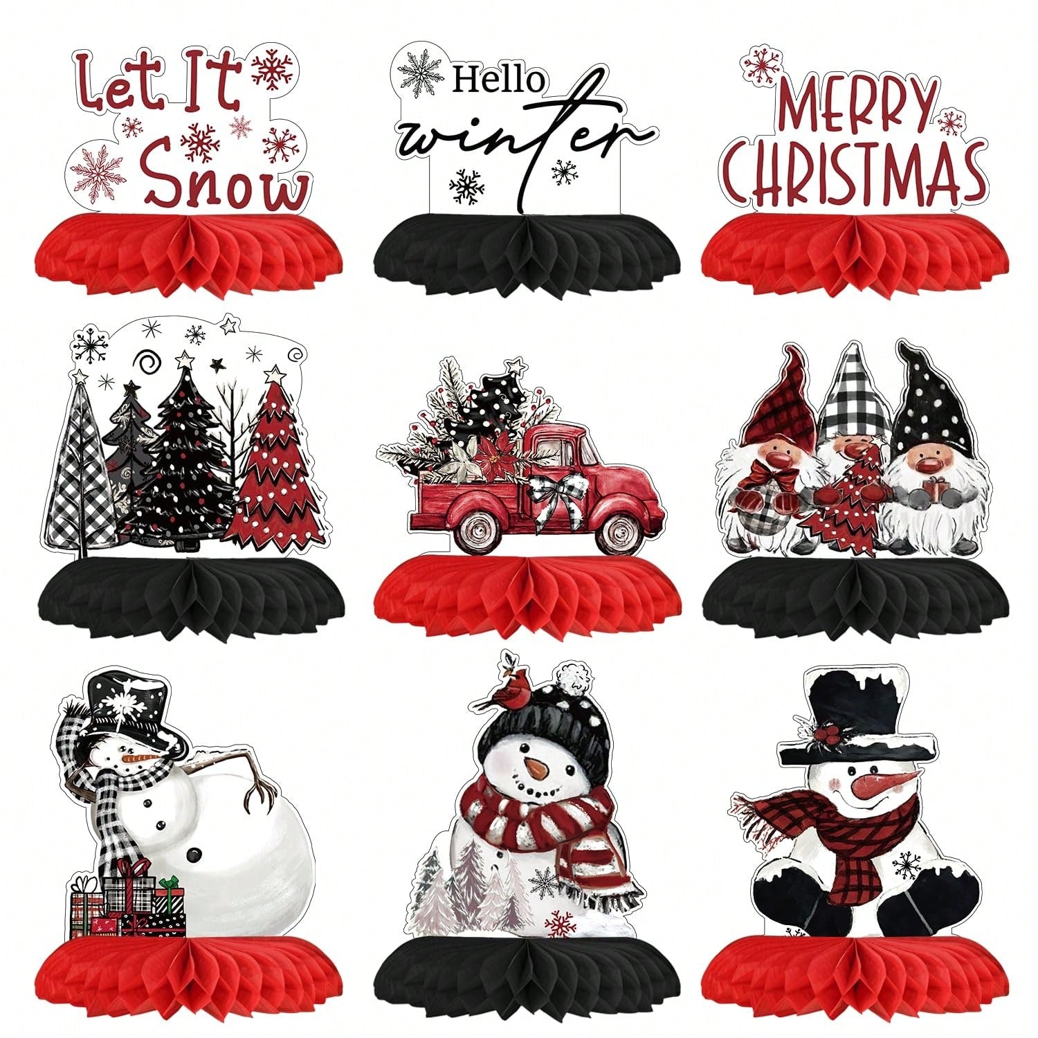 9-Piece Christmas Table Centerpieces Snowman Gnome Truck Honeycomb Toppers