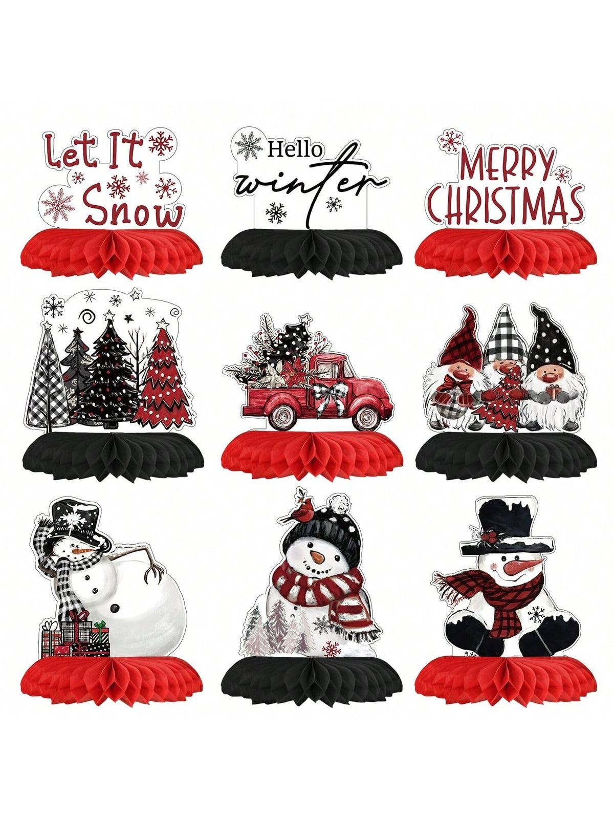 9-Piece Christmas Table Centerpieces Snowman Gnome Truck Honeycomb Toppers