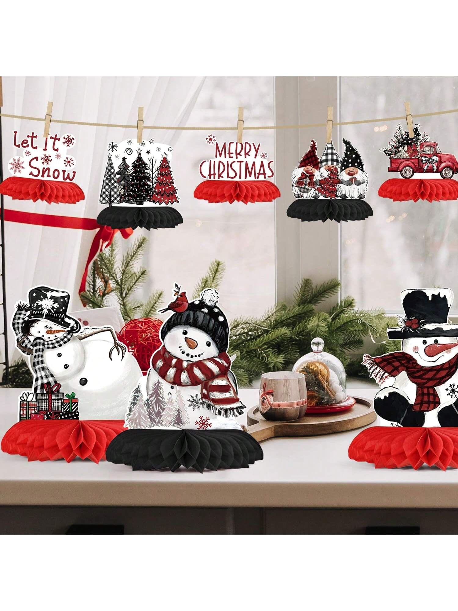 9-Piece Christmas Table Centerpieces Snowman Gnome Truck Honeycomb Toppers