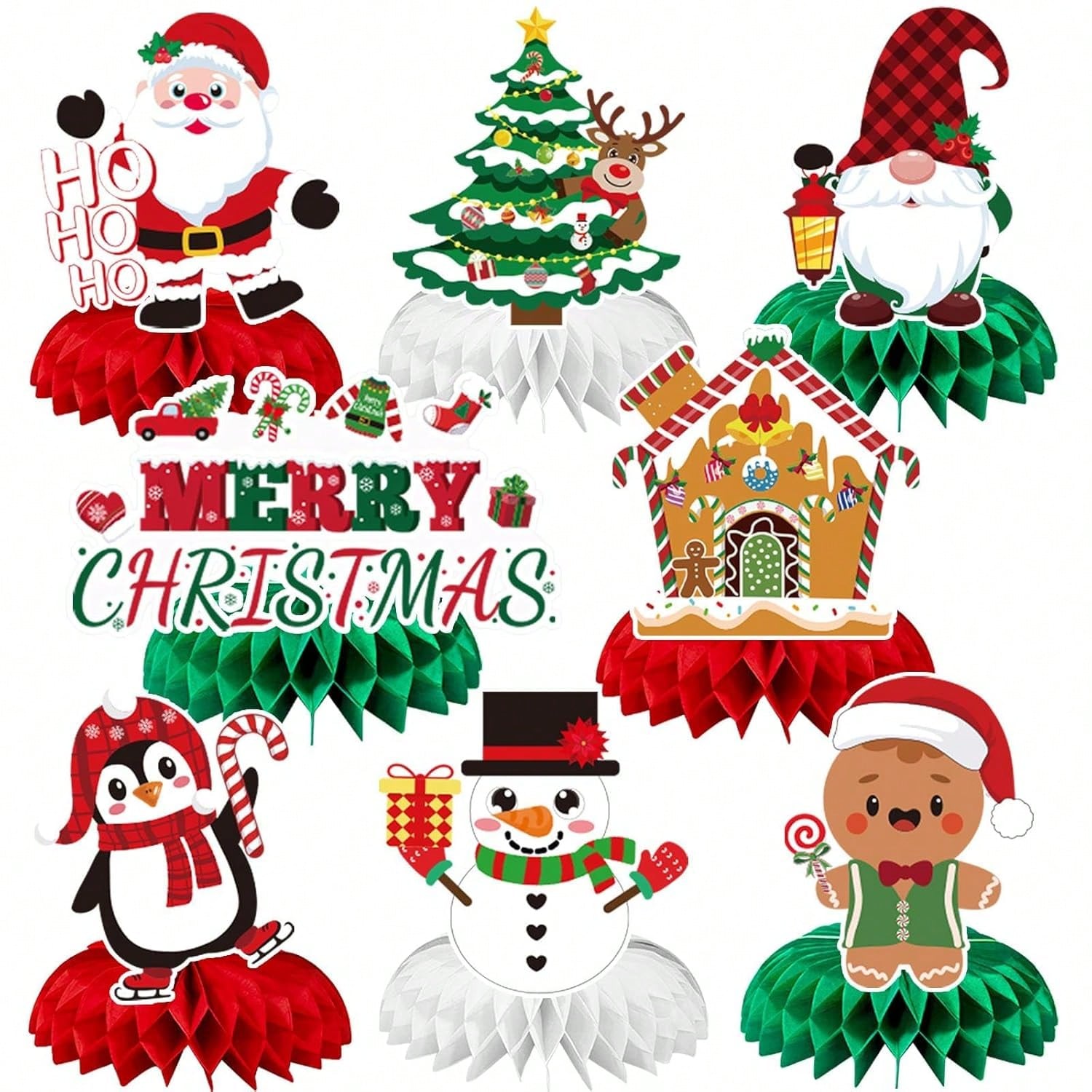 8-Piece 3D Double-Sided Christmas Honeycomb Centerpieces with Santa and Snowman