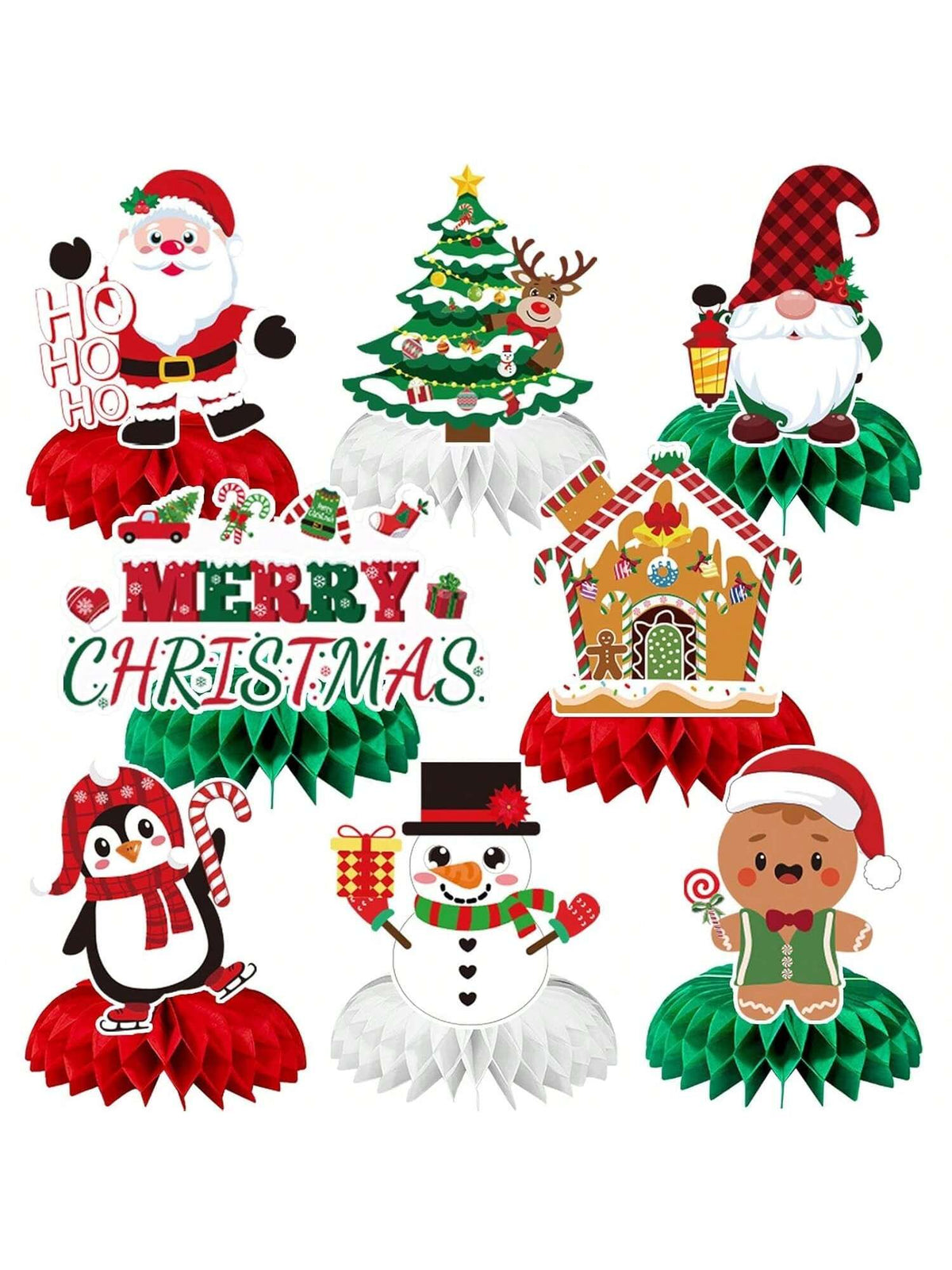 8-Piece 3D Double-Sided Christmas Honeycomb Centerpieces with Santa and Snowman