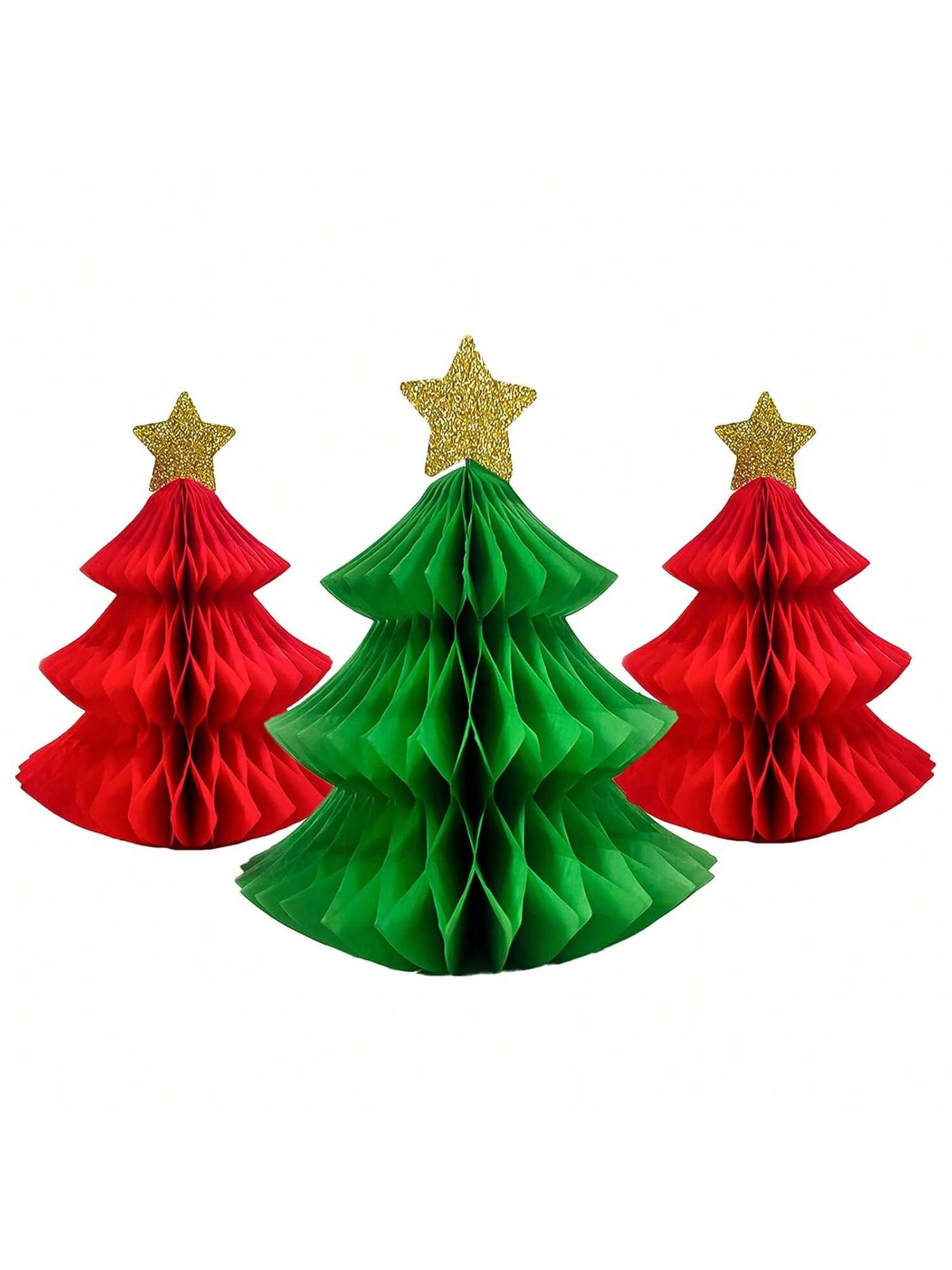 3-Piece Paper Christmas Tree Honeycomb Centerpieces for Holiday Table Decor